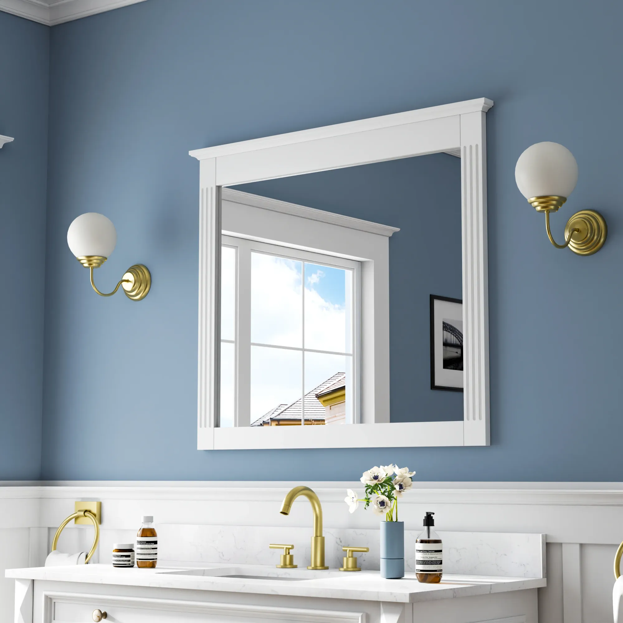 38" framed bathroom mirror — white