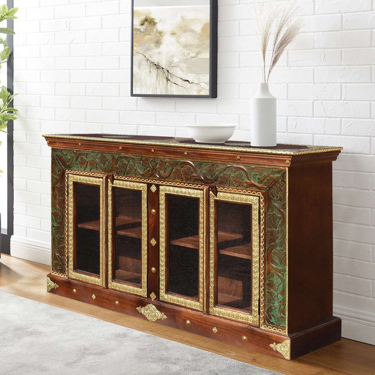 Vineland Heritage Carved Brass Inlaid Glass Door Large Buffet Cabinet