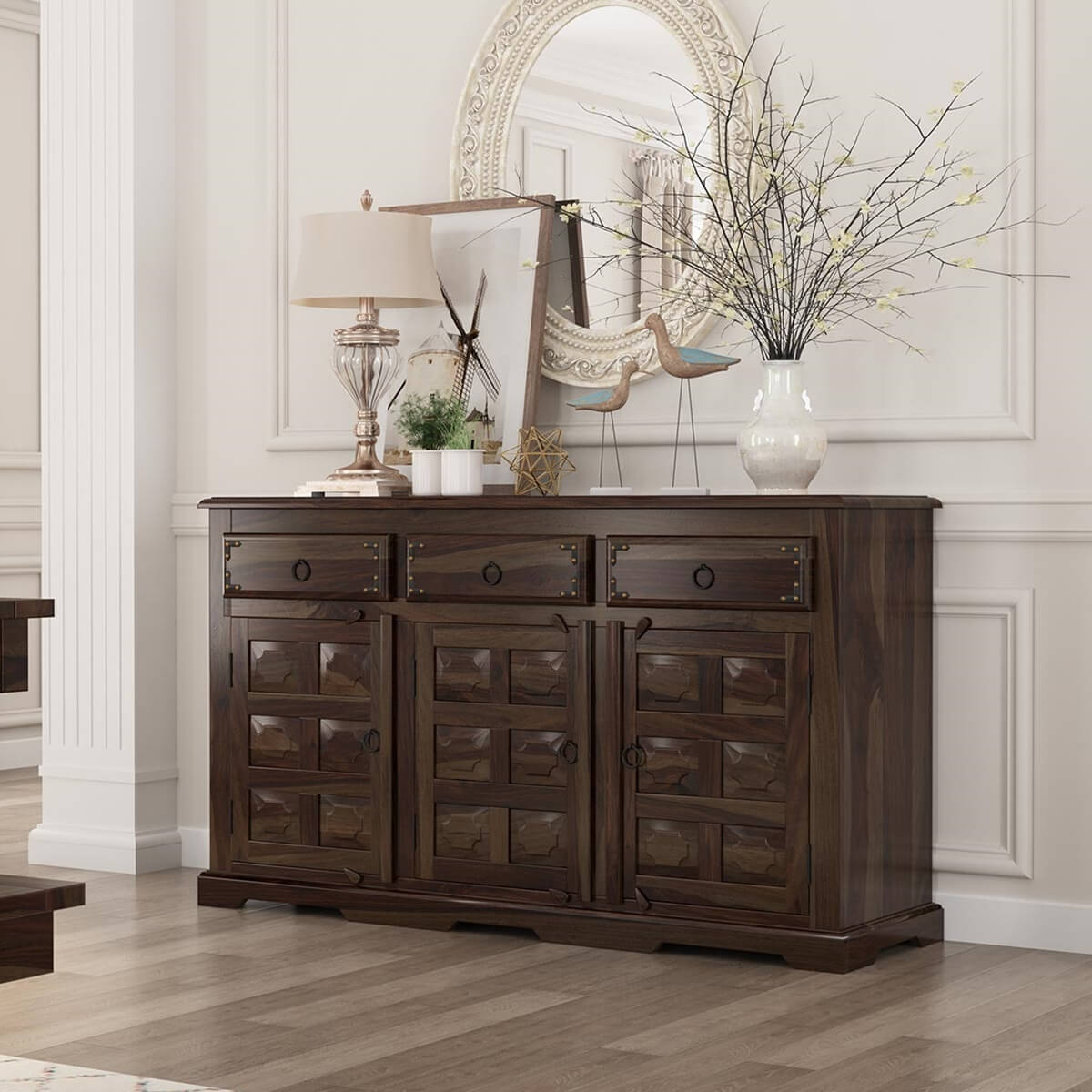 Westside Traditional Handcrafted Solid Wood 3 Drawer Large Sideboard
