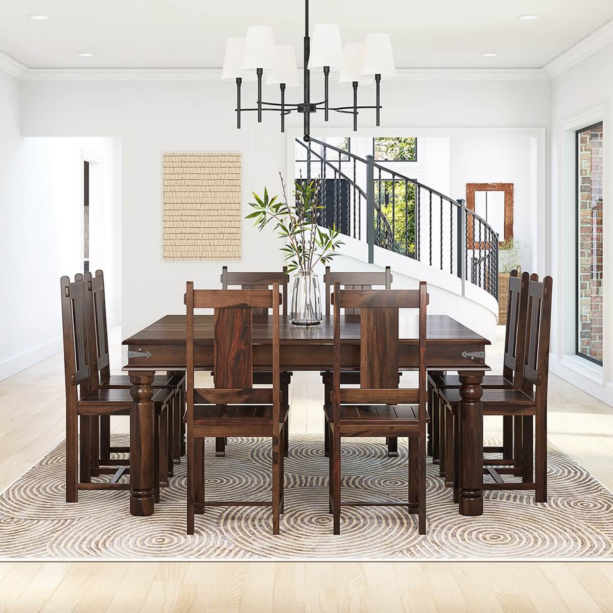 Richmond Rustic Solid Wood Square Dining Table Chair Set For 8 People