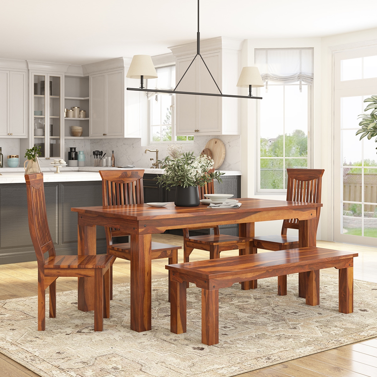 Idaho Rustic Solid Wood Casual Dining Table Chair Set w Bench