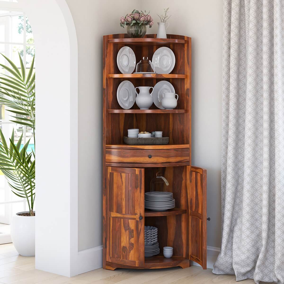 Appalachian Rustic Solid Wood Circular Corner Hutch Cabinet