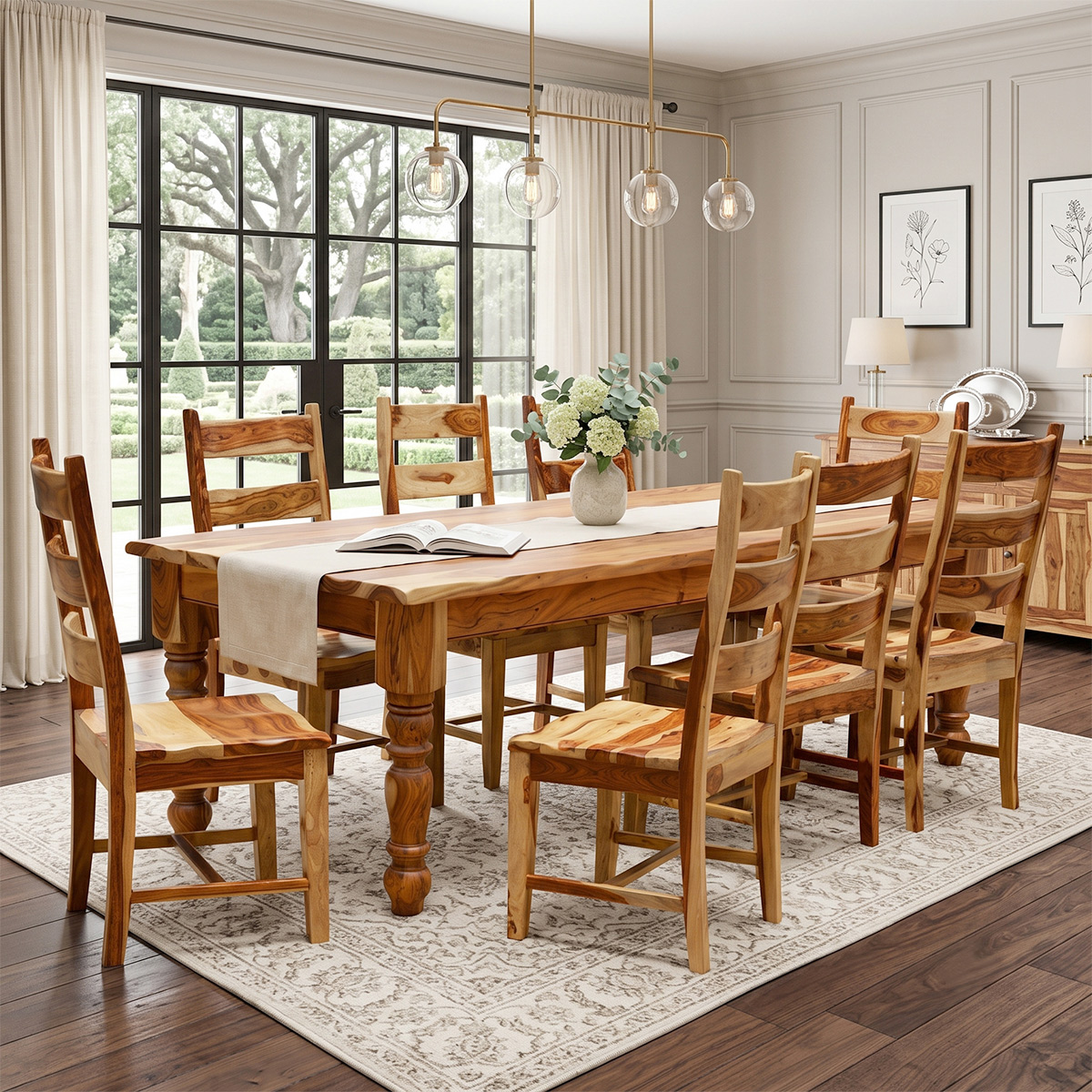 Dallas Ranch Solid Wood Farmhouse Dining Table Set For 8