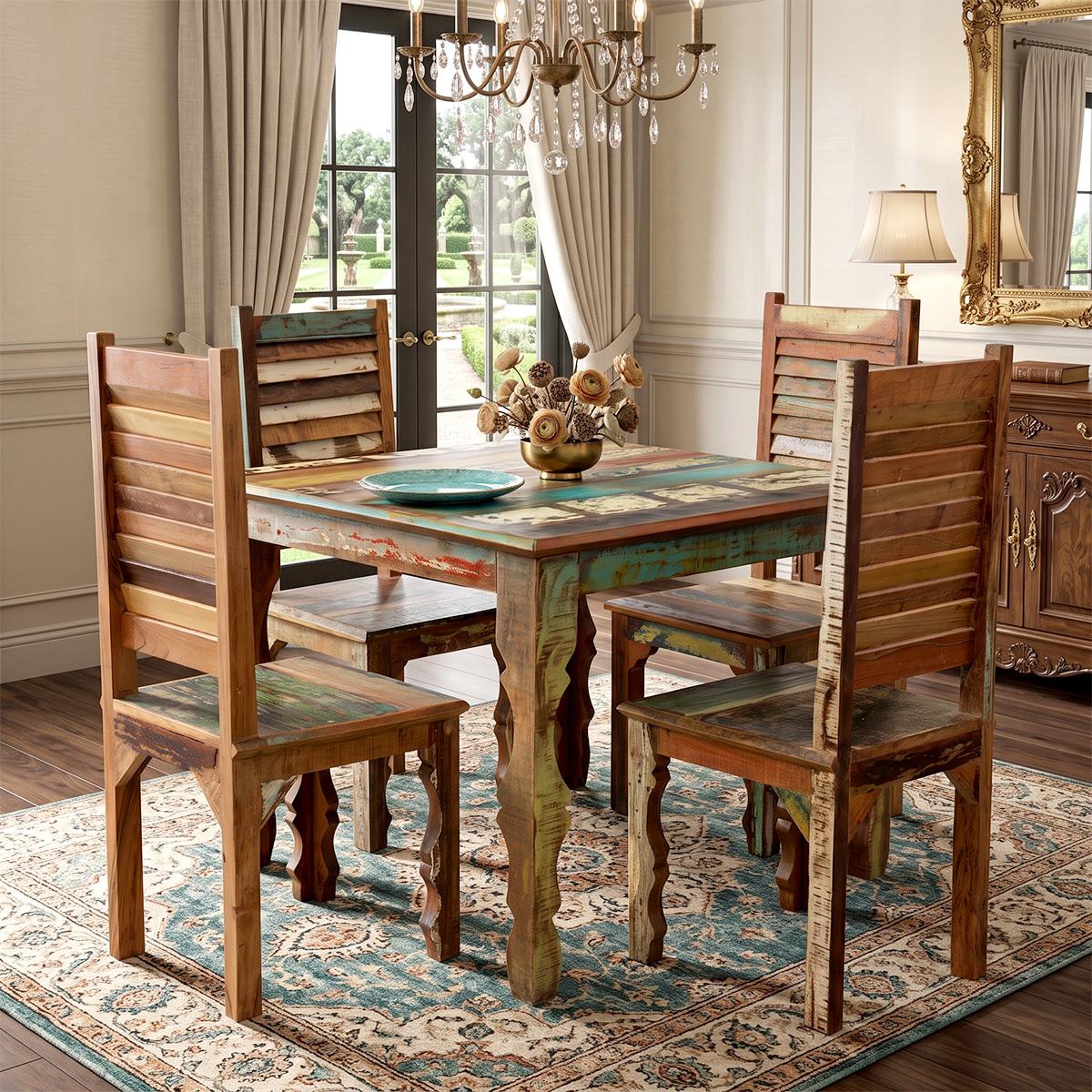 Rustic Reclaimed Wood Dining Table w Shutter Back Chairs For 4 People