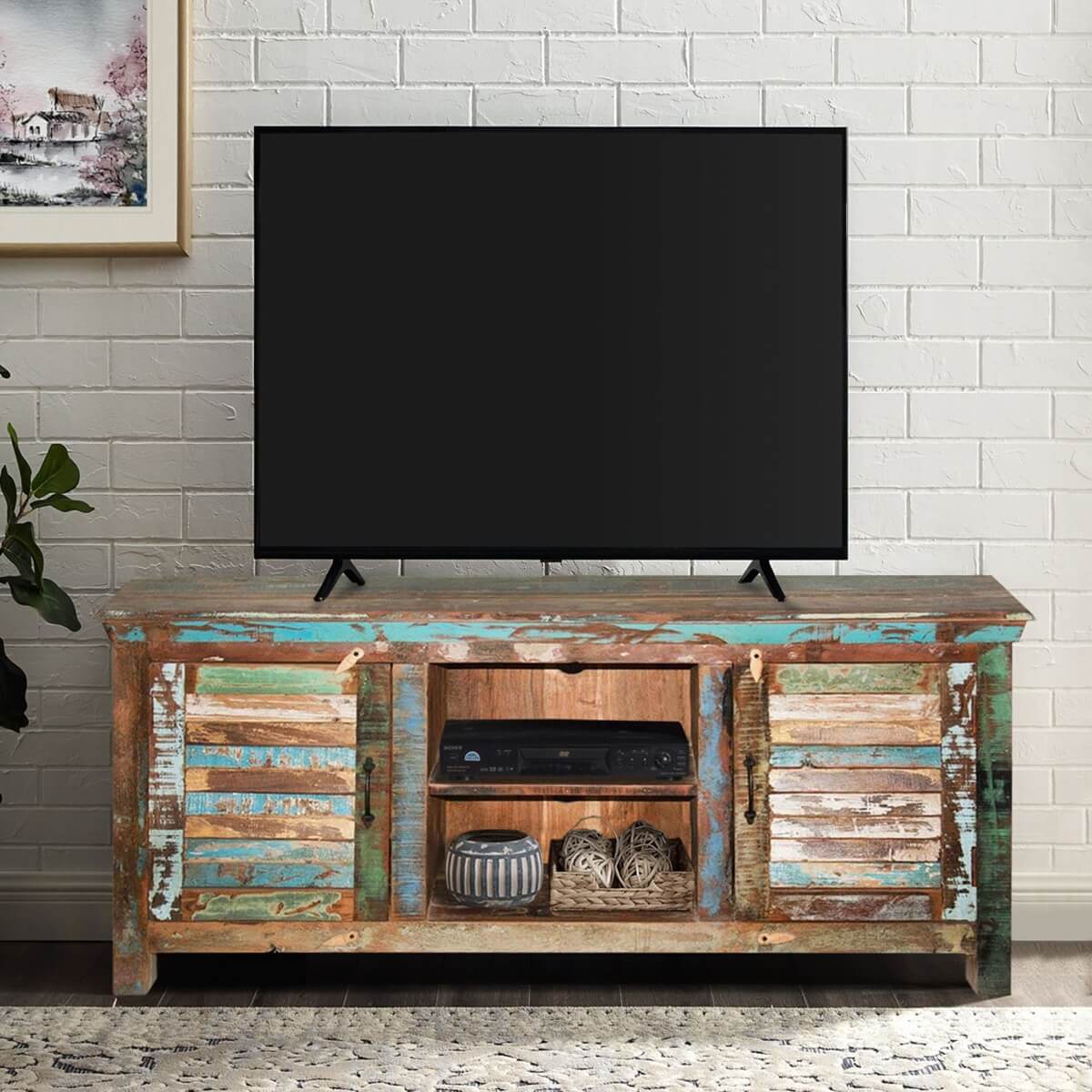 Fenwick Rustic Reclaimed Wood Shutter Door TV Stand Media Console