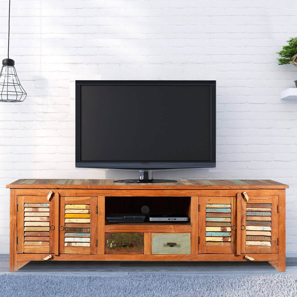 Rustic Reclaimed Wood Rainbow Shutter Doors TV Stand Media Console