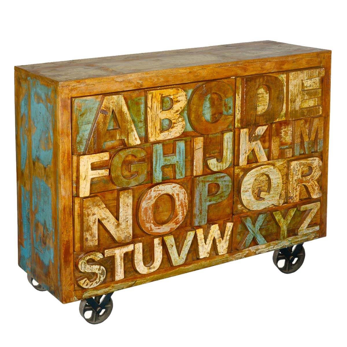 Plano Hand Carved ABC Reclaimed Wood 8 Drawer Industrial Dresser