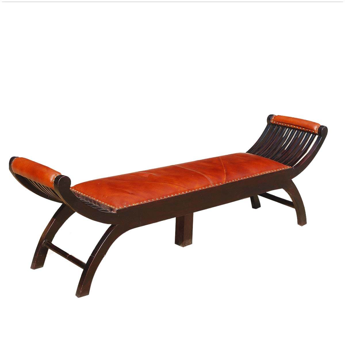 Modern Mango Wood and Leather Chaise Lounge Bench