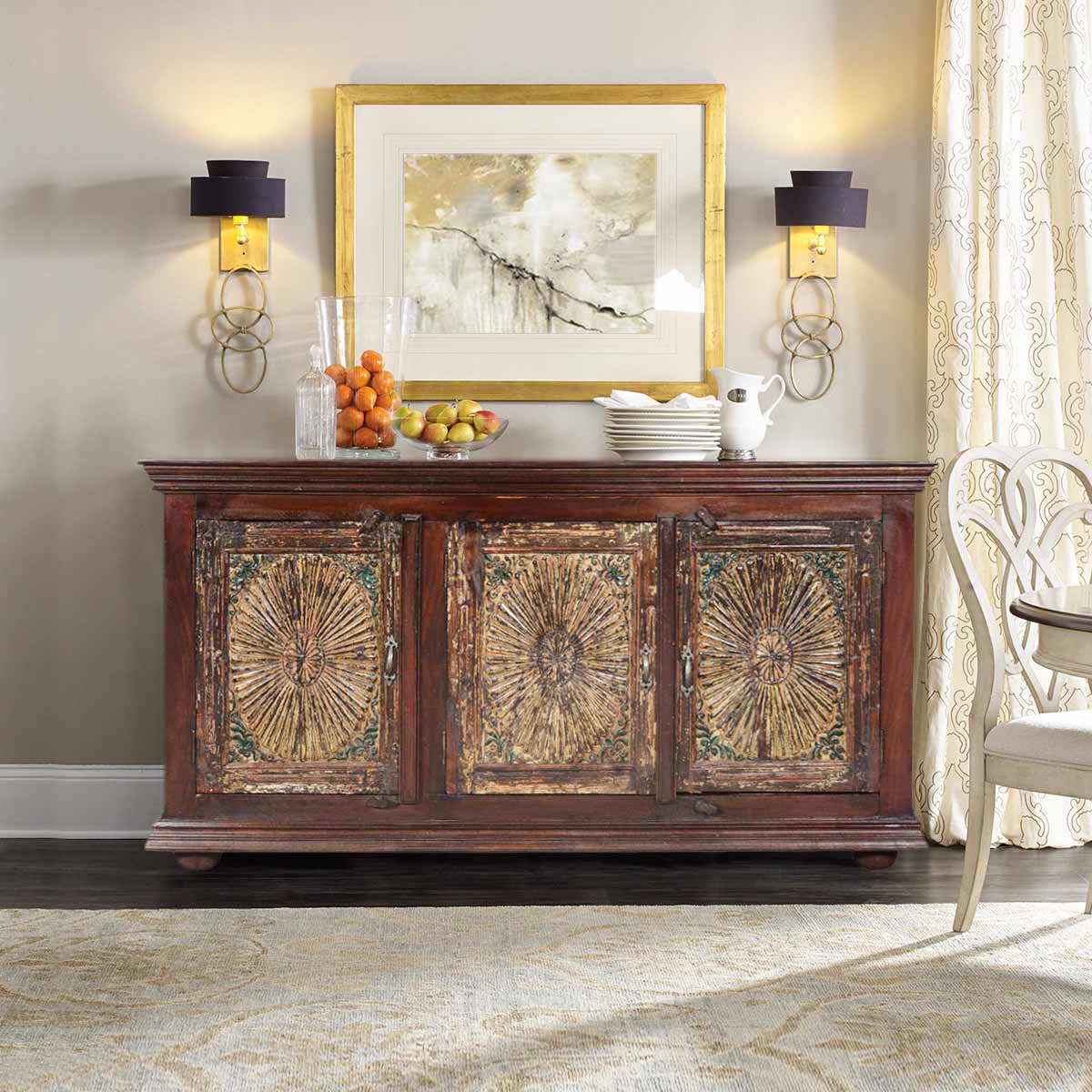 Antique Sunburst Solid Mango Wood Large Rustic Buffet Cabinet