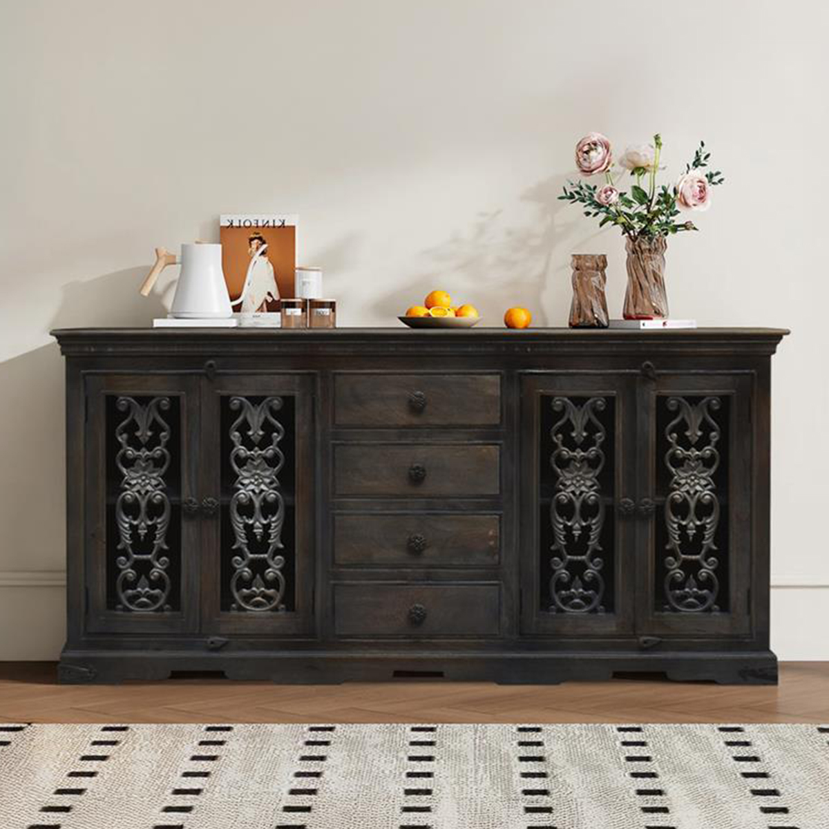 Smokey Grey Traditional Rustic Solid Wood Large Sideboard with Drawer