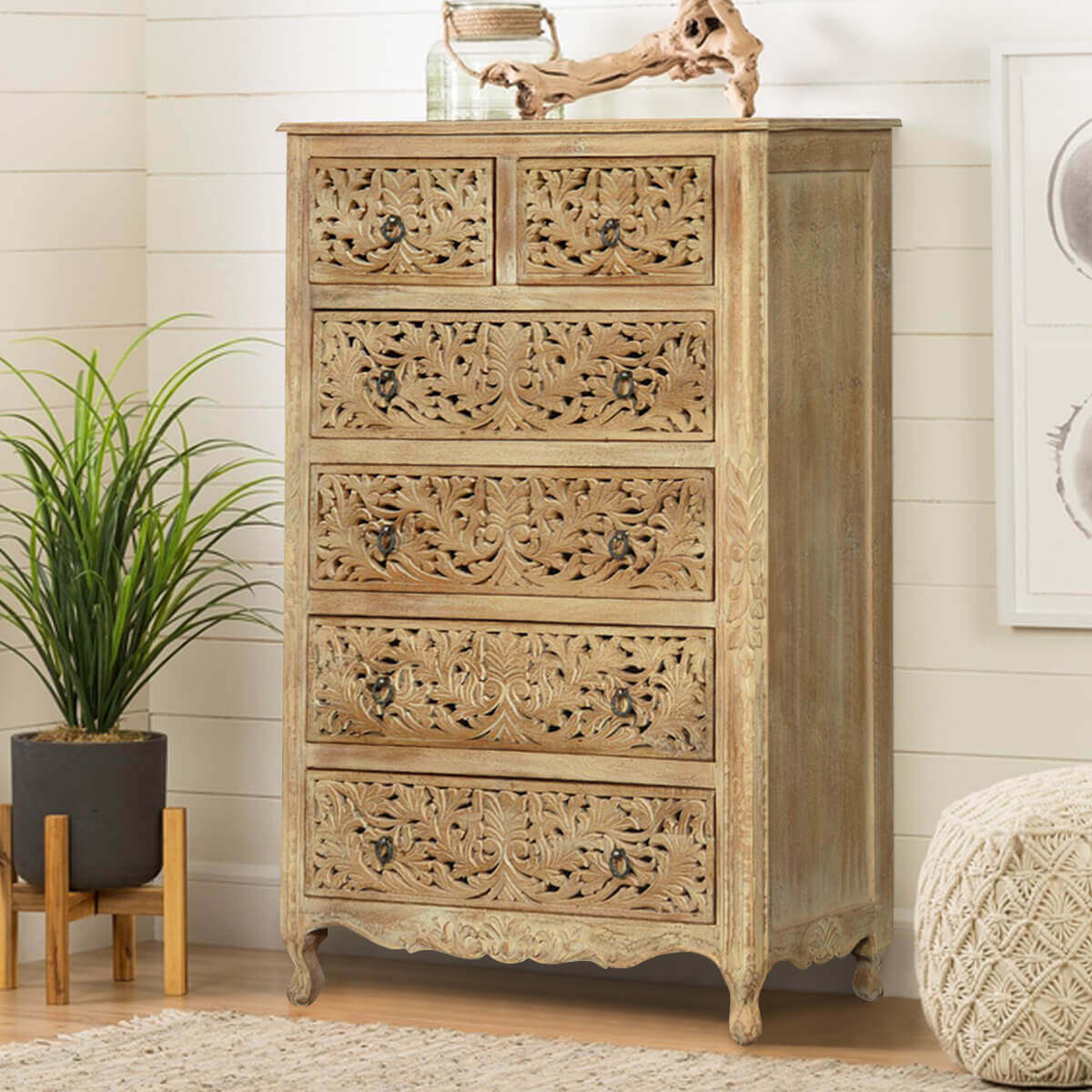 Queen Anne Tall Farmhouse Dresser Made Of Solid Mango Wood with 6 Drawer