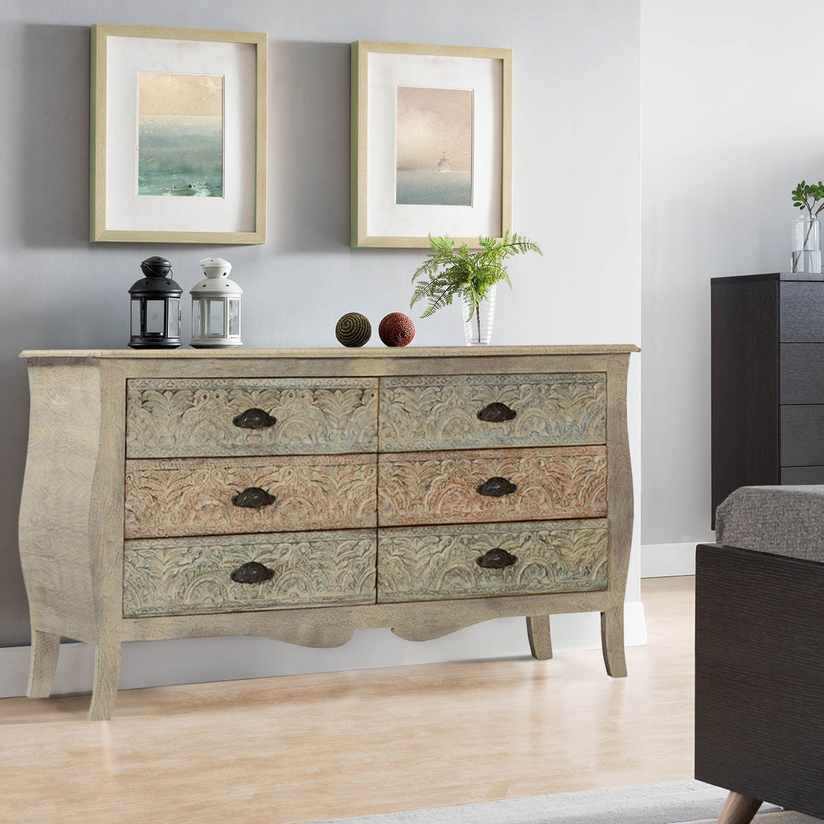 French Provincial Solid Mango Wood Bedroom Dresser Chest With 6 Drawer