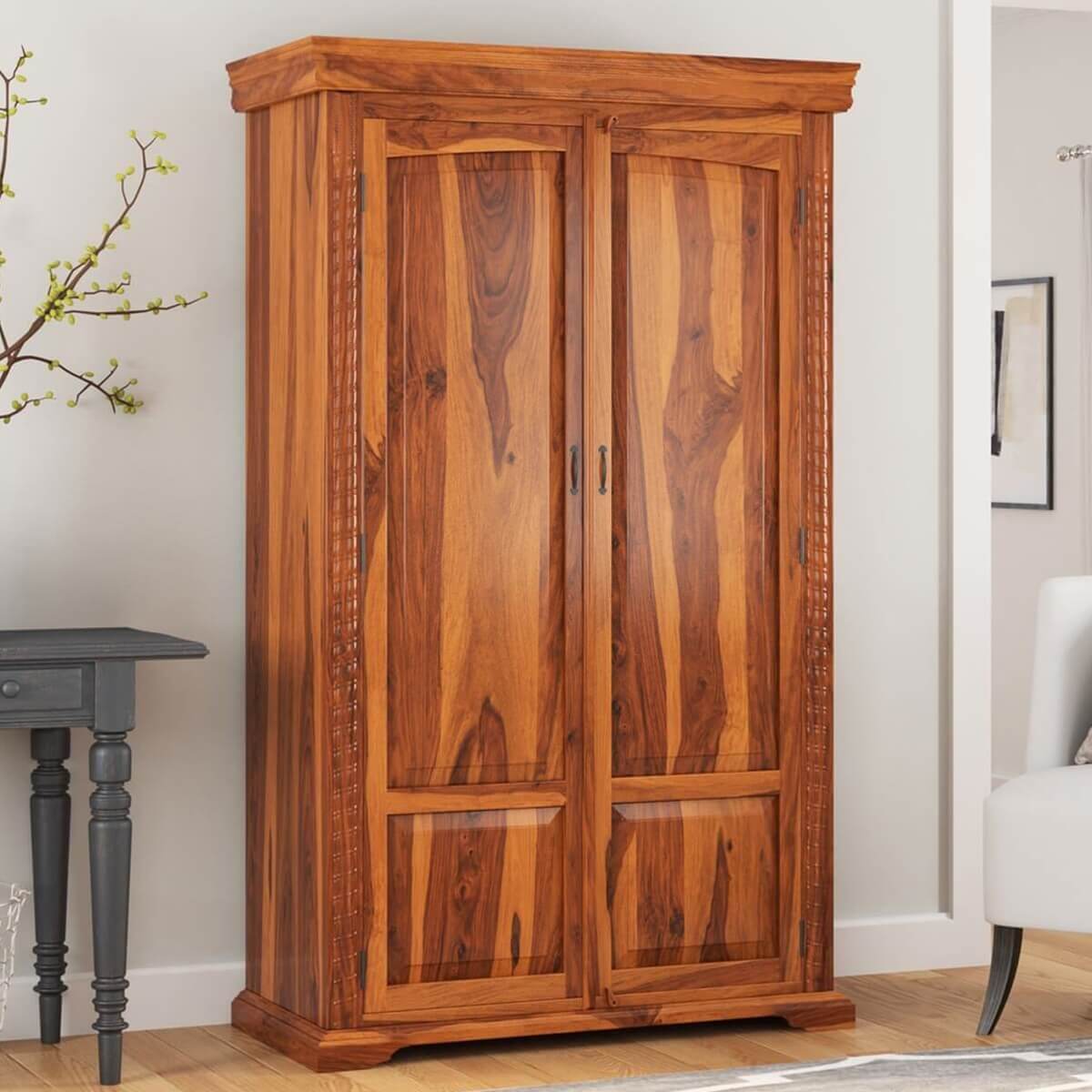 Empire Bedroom Transitional Solid Wood Large Armoire Wardrobe With Shelves