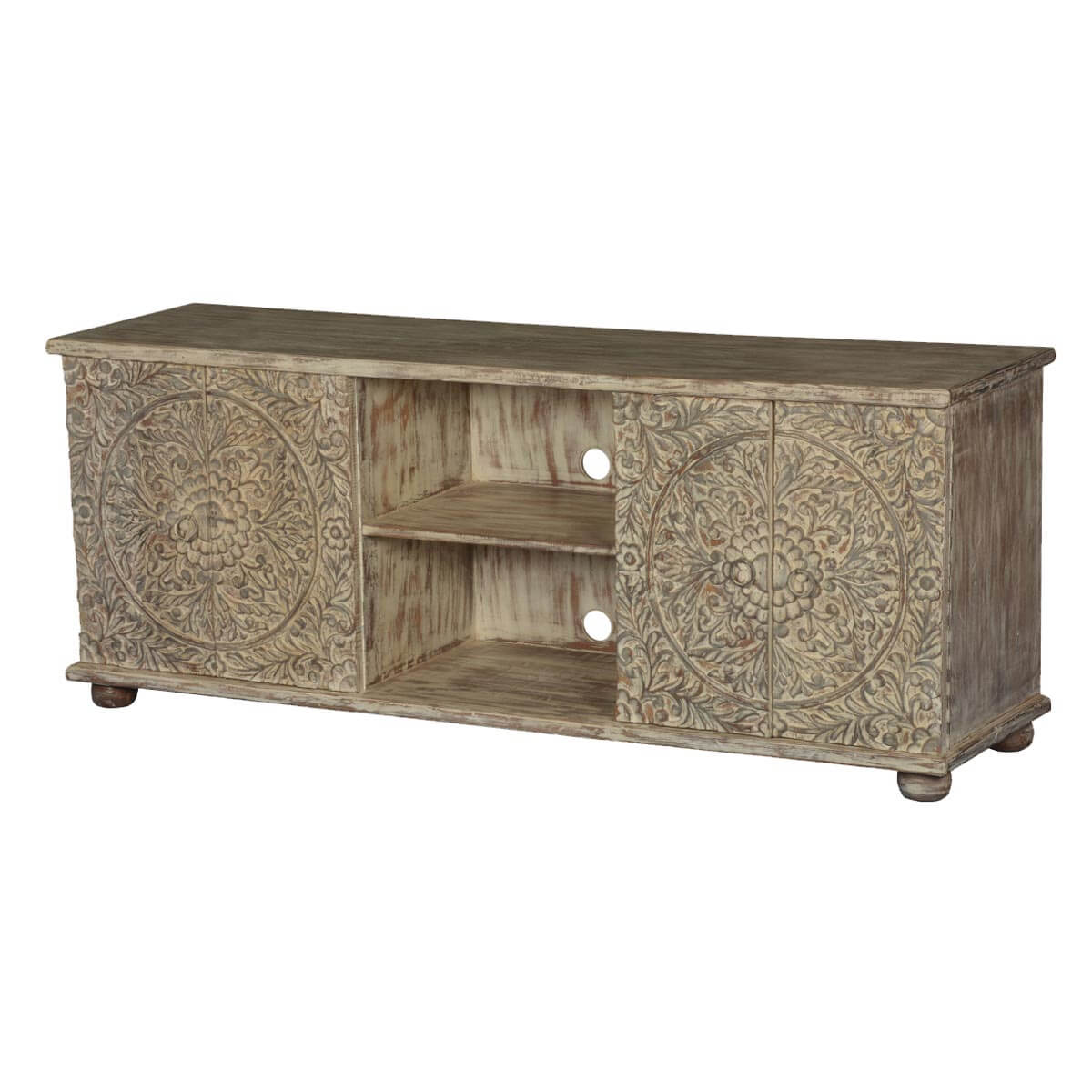 Frosted Garden Reclaimed Wood Hand Carved TV Console Media Cabinet