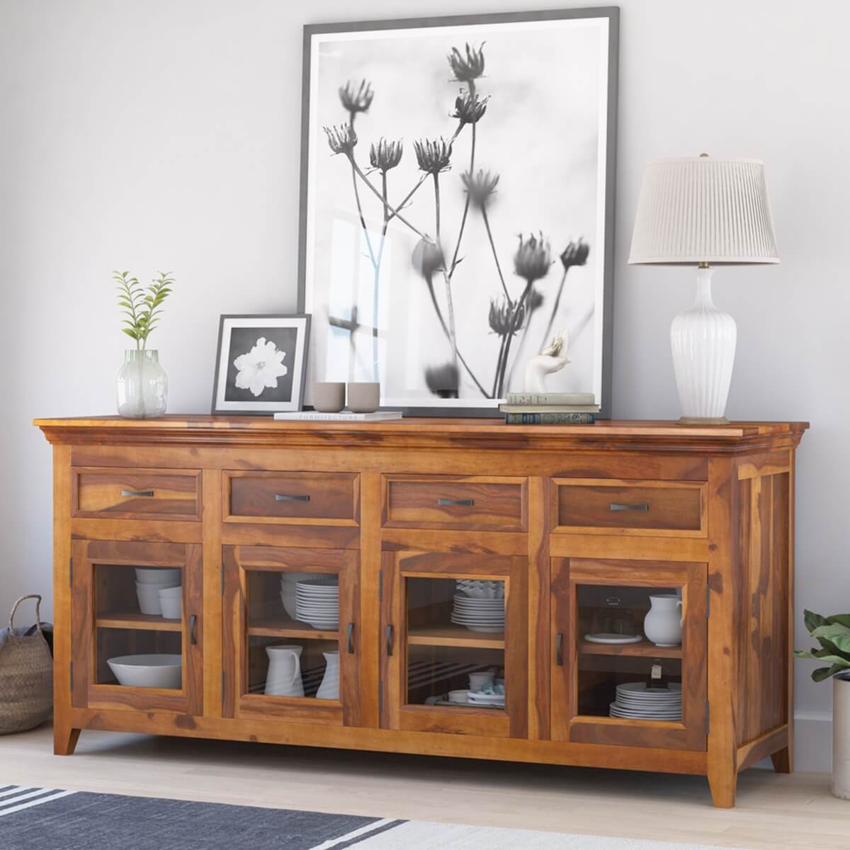 San Francisco Solid Wood Glass Door Large Buffet Cabinet
