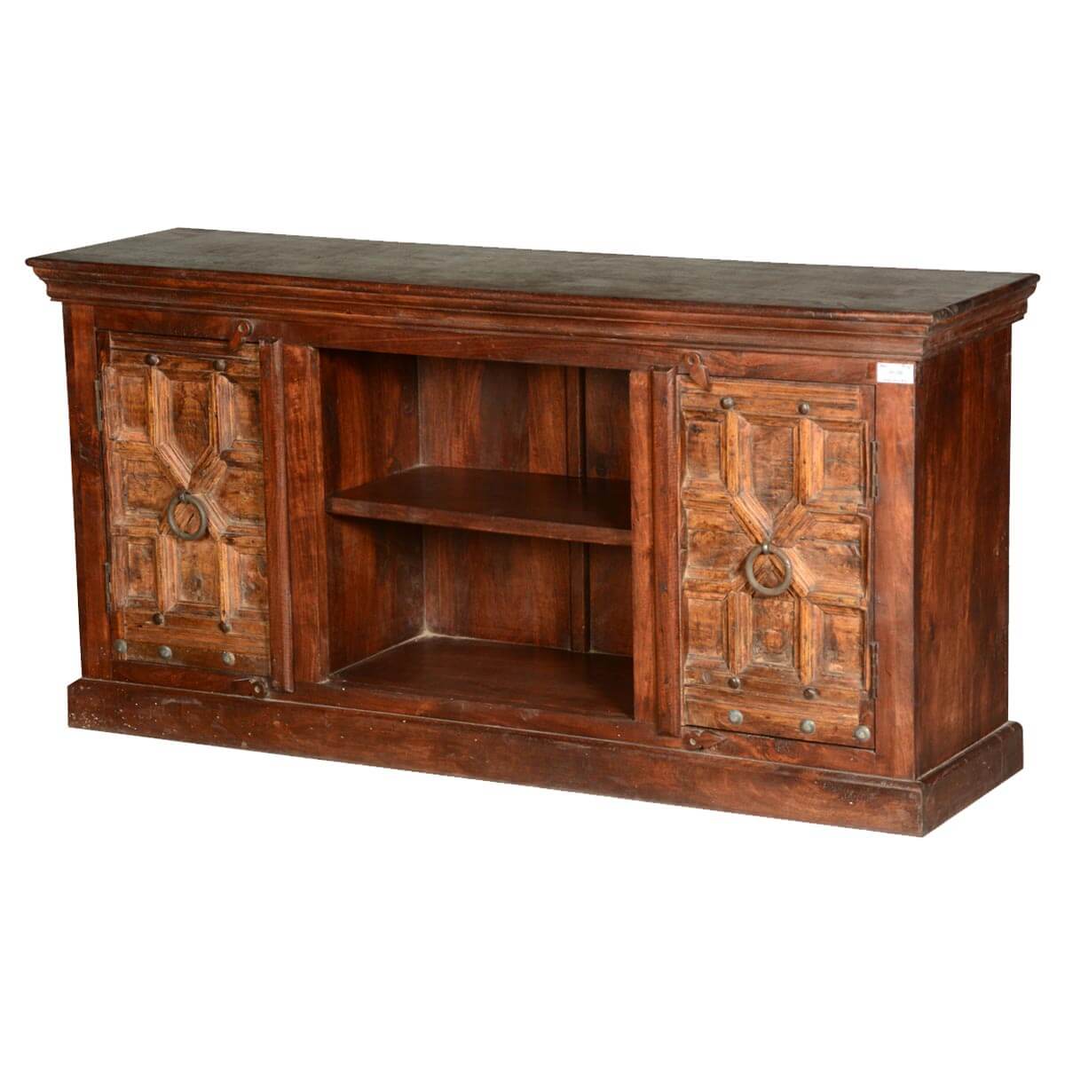 Geometric Carving Reclaimed Wood TV Console Media Cabinet