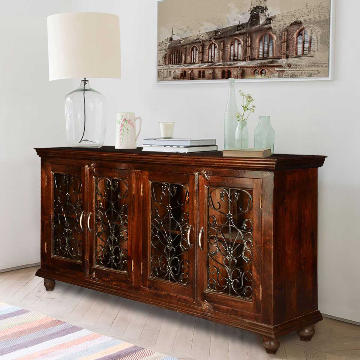 Italian Classic Mango Wood Iron Grille Door Large Buffet Cabinet