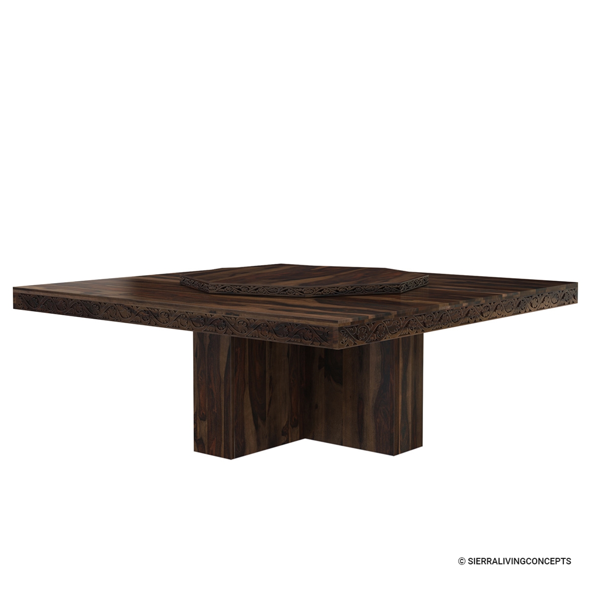 Rustic Solid Wood Large Square Pedestal Dining Table with Lazy Susan