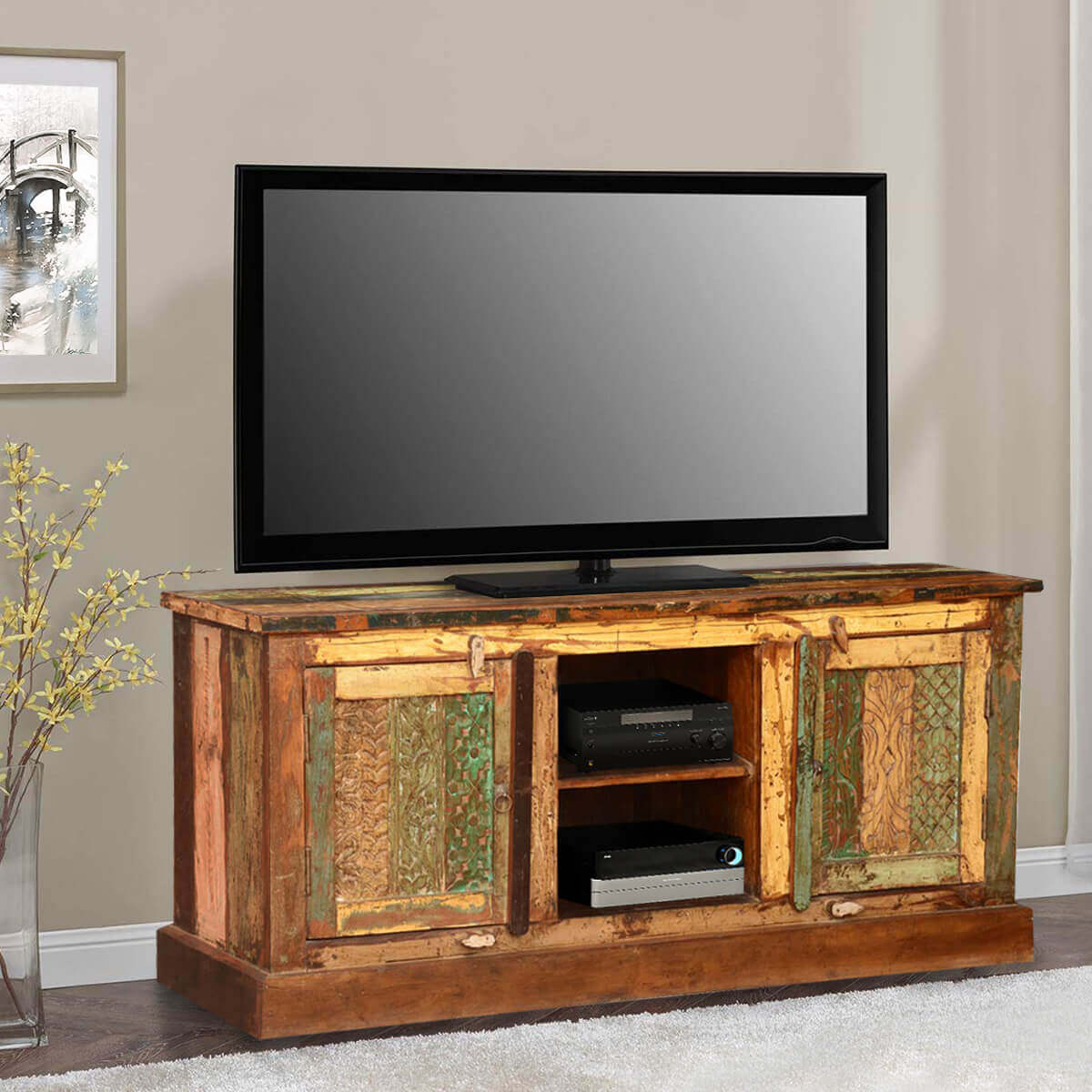 Pioneer Rustic Reclaimed Wood Open Shelf Media TV Stand Cabinet