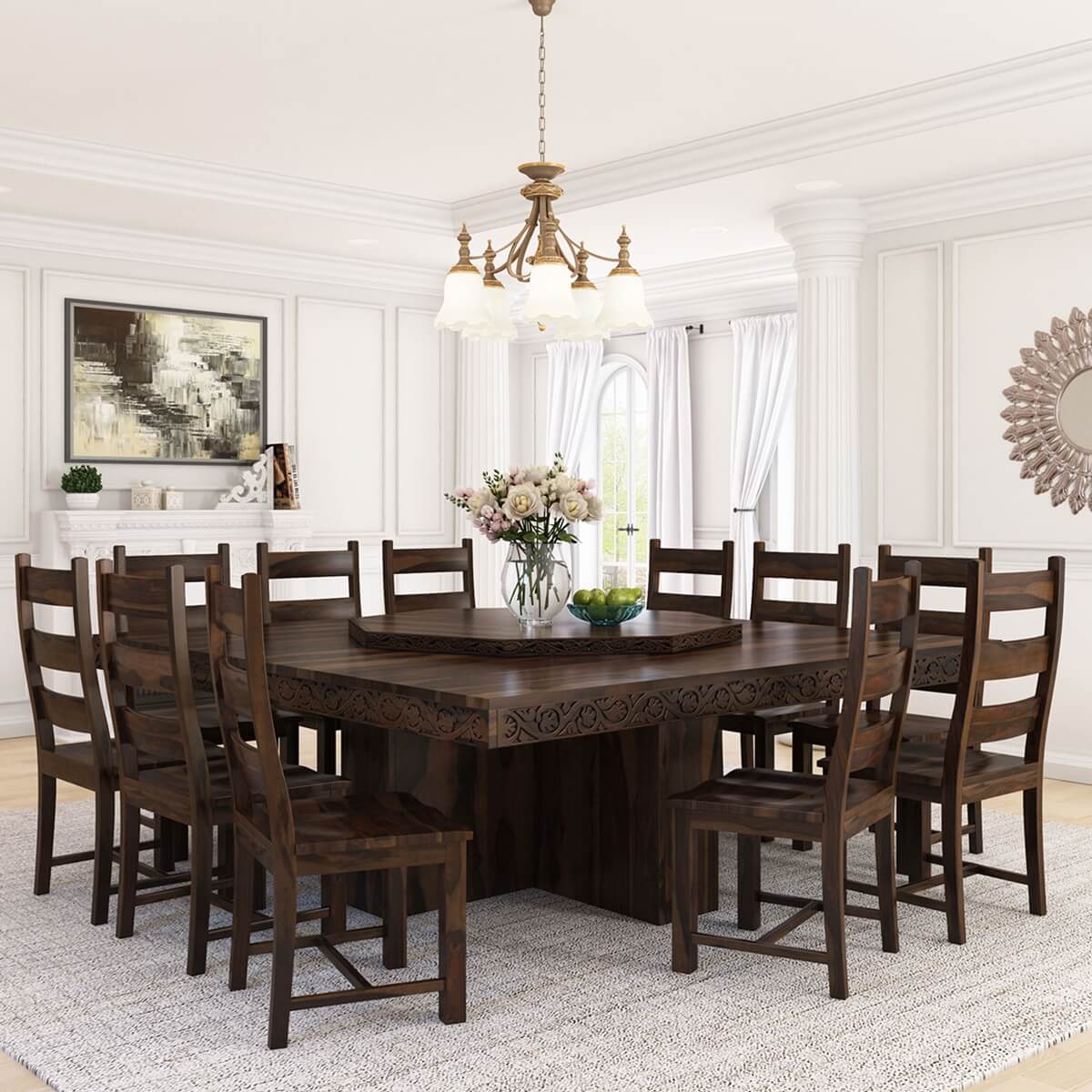 Modern Pioneer Solid Wood Lazy Susan Pedestal Dining Table Set