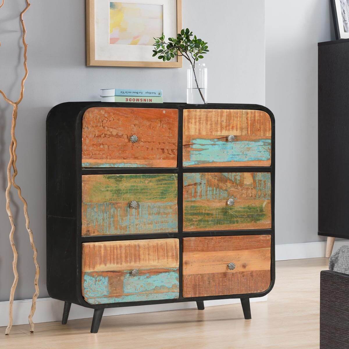 50’s Retro Reclaimed Wood & Iron Standing 6 Drawer Double Dresser