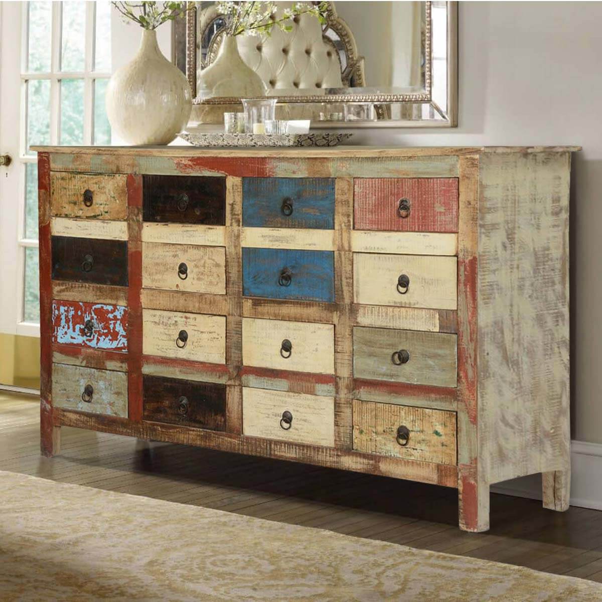 Primary Colors Solid Mango Wood 16 Drawers Dresser Apothecary Cabinet
