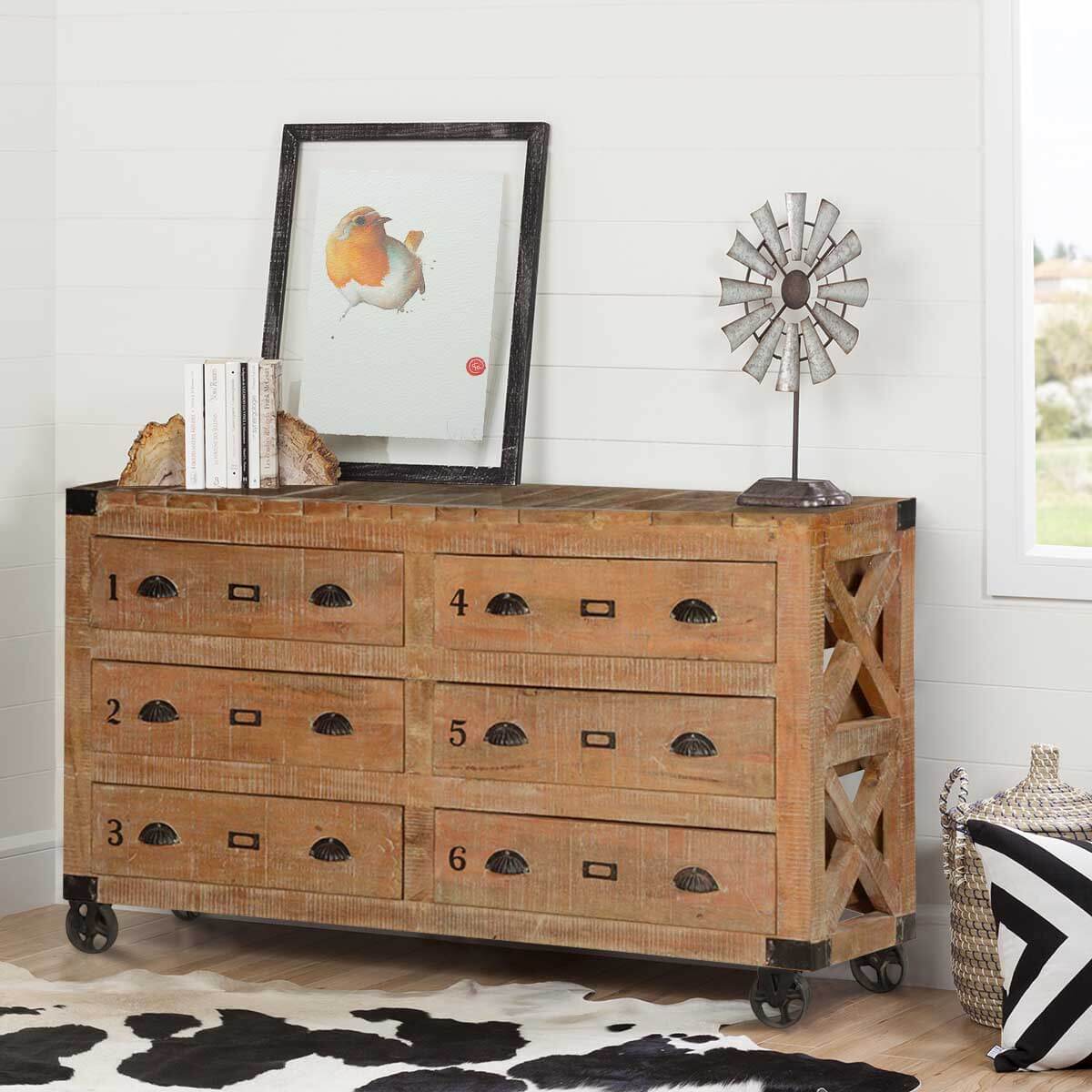Solid Wood Factory Cart Style Rustic 6 Drawer Double Dresser
