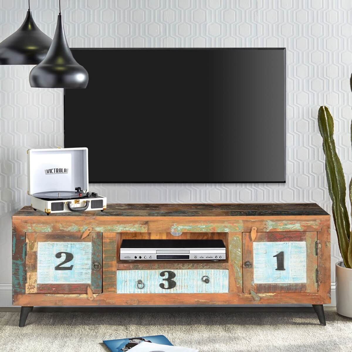 Hazlet By-The-Numbers Rustic Reclaimed Wood Open Shelve TV Stand