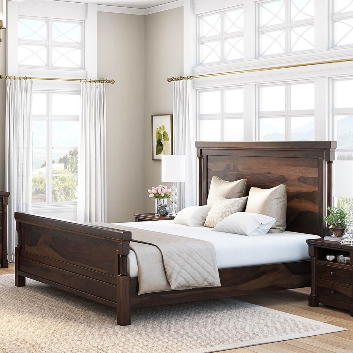 Pioneer Rustic Solid Wood Tall Headboard Platform Bed Frame