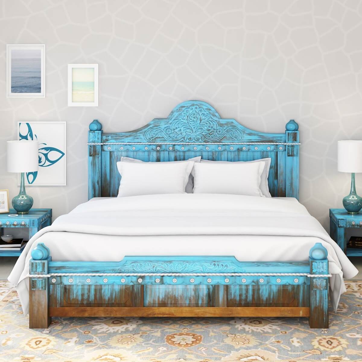Empire Blue Dawn Solid Mango Wood Hand Carved Platform Bed