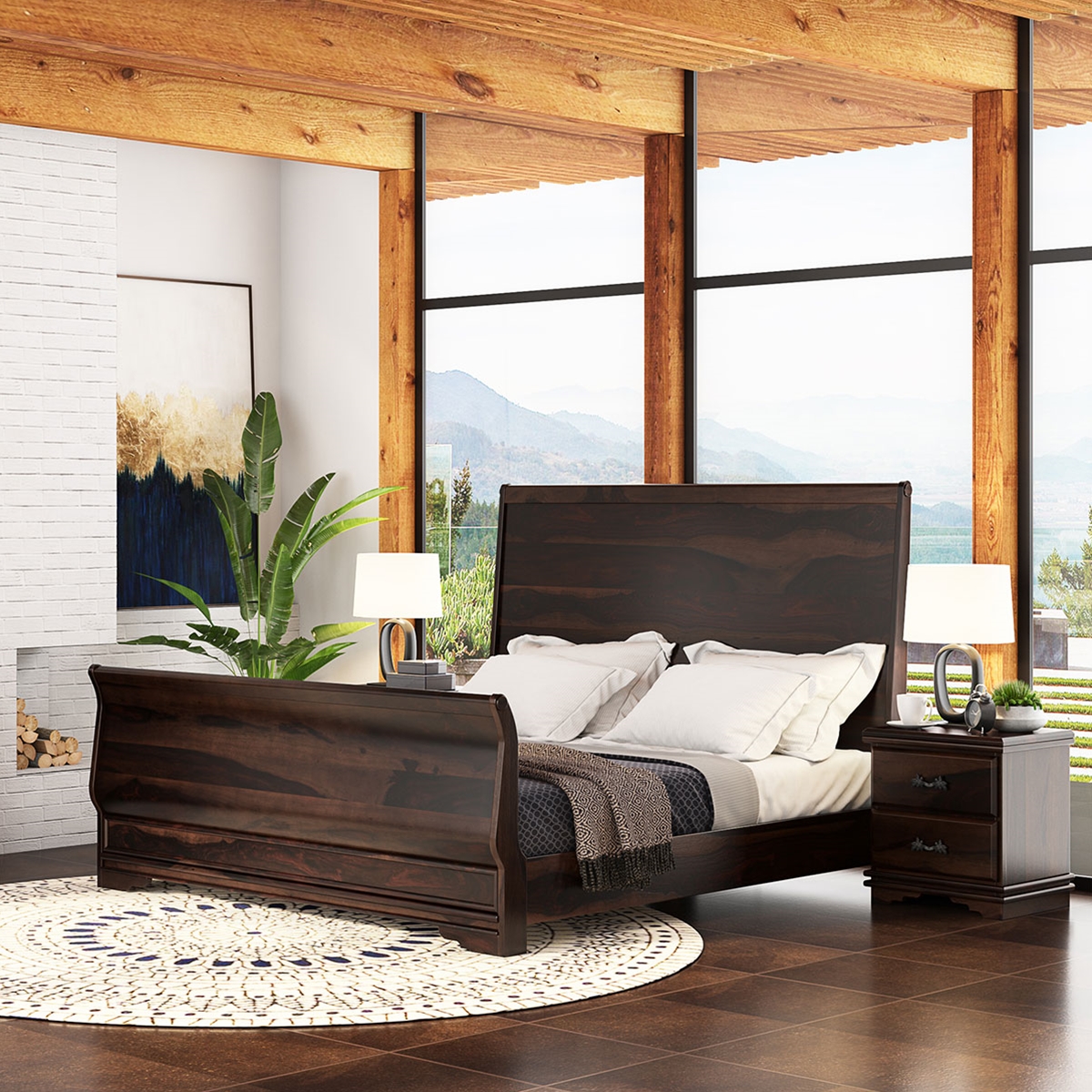 Hartsville Sleigh Back Solid Wood Platform Bed Frame