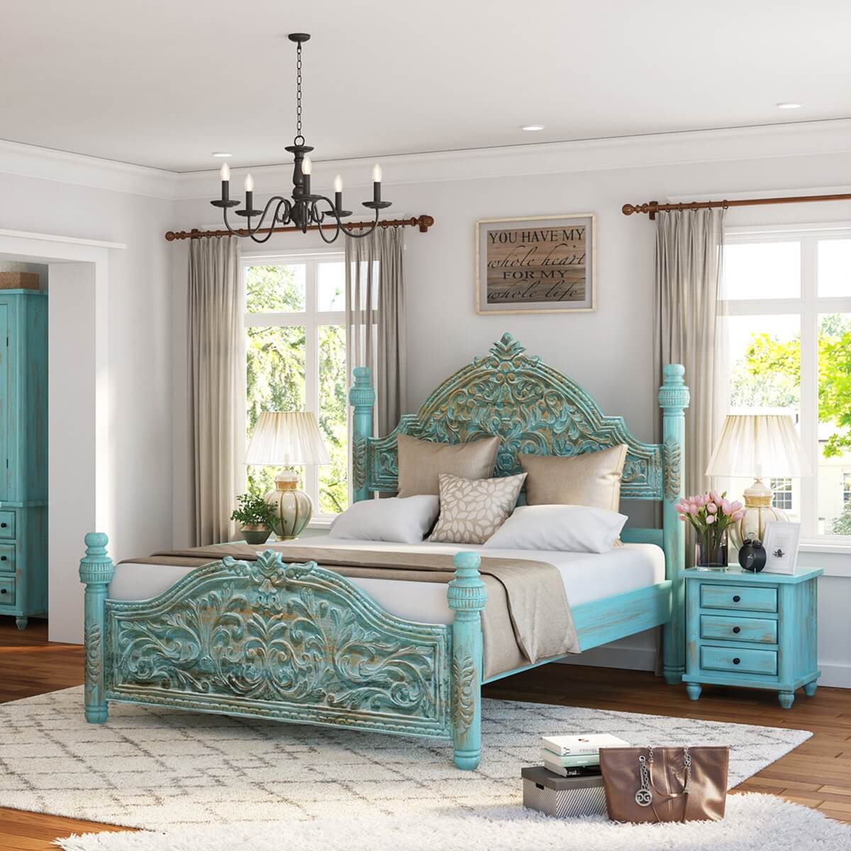 Victorian Turquoise Mango Wood Platform Bed Frame w Tall Headboard