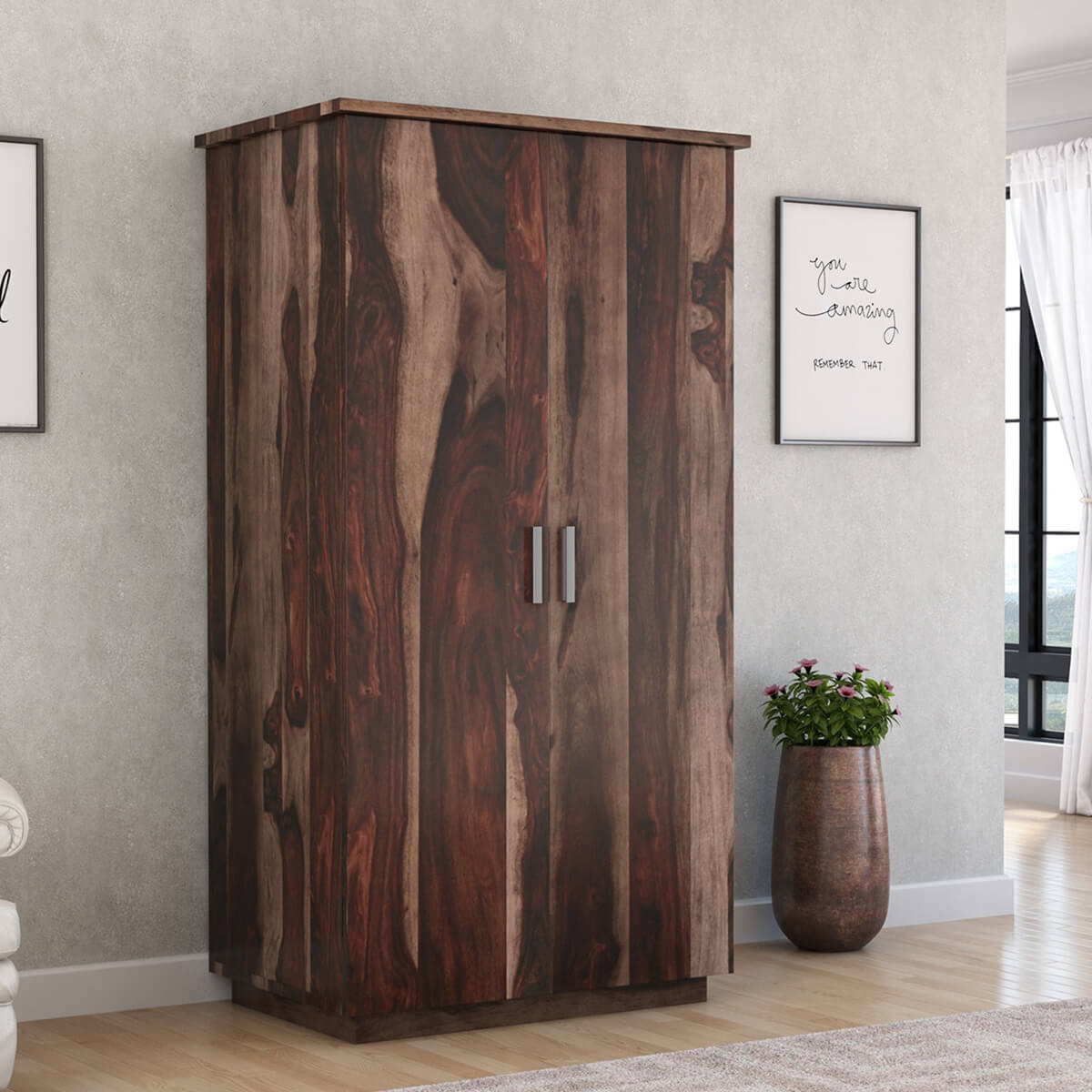 Hampshire Rustic Solid Wood Wardrobe Armoire With Drawers And Shelves