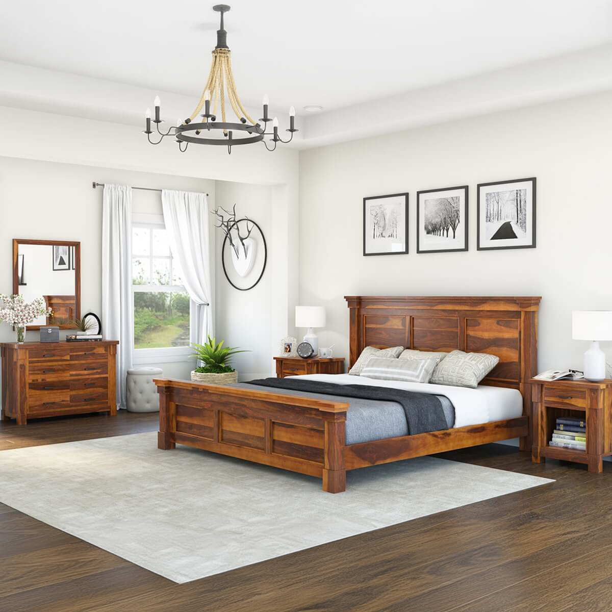 Modern Farmhouse Solid Wood 4 Piece Bedroom Set