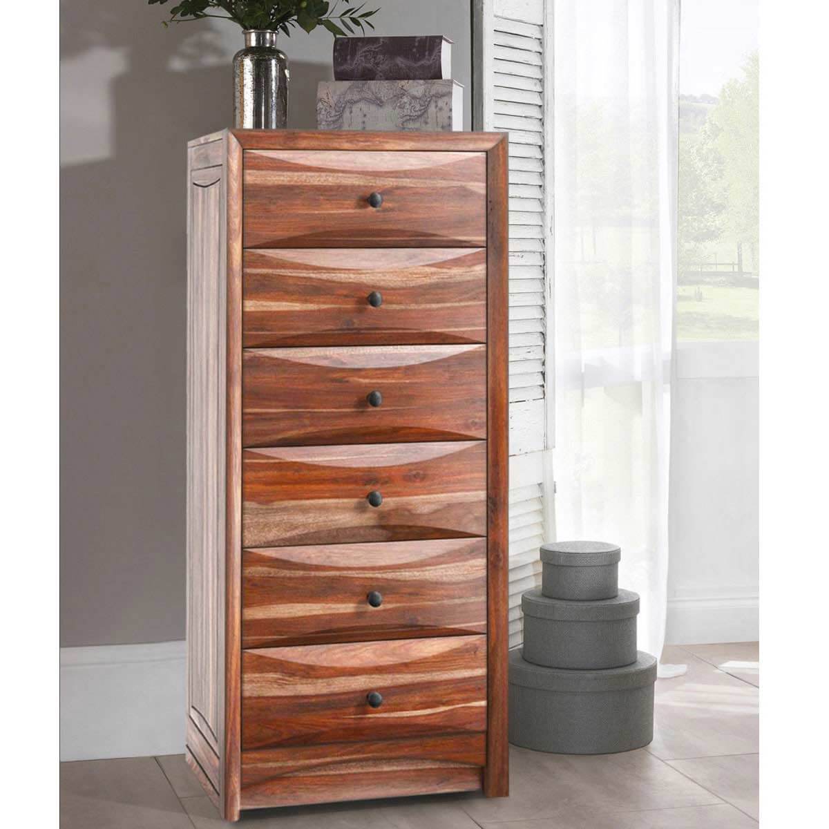 Modern Pioneer Rustic Solid Wood 6 Drawer Bedroom Tall Dresser Chest