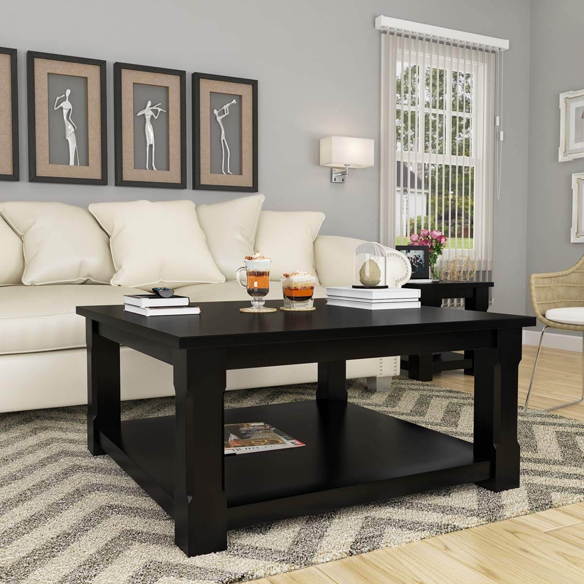 Brimson Solid Wood 2 Tier Black Square Coffee Table