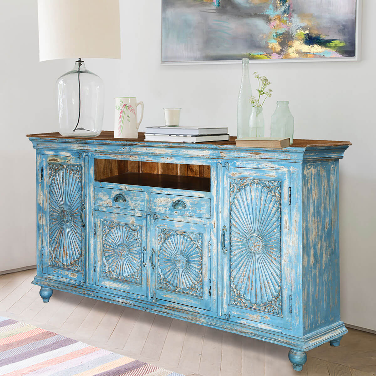 Handcrafted Mango Wood 2 Drawer Large Blue Credenza