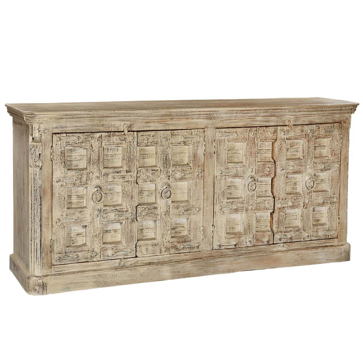 Winter White Gothic Gates Reclaimed Wood Extra Long Sideboard Cabinet