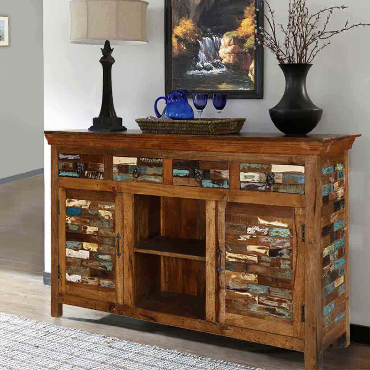 Tangier Mosaic Rustic Reclaimed Wood 4 Drawer Large Sideboard Cabinet