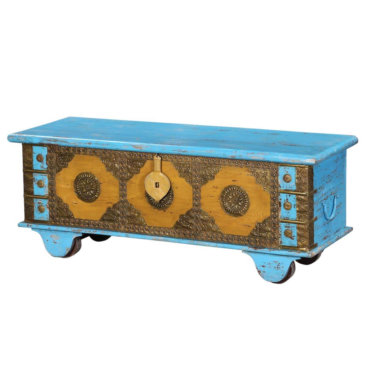 Blue & Gold Mango Wood & Brass Inlay Rolling Storage Trunk