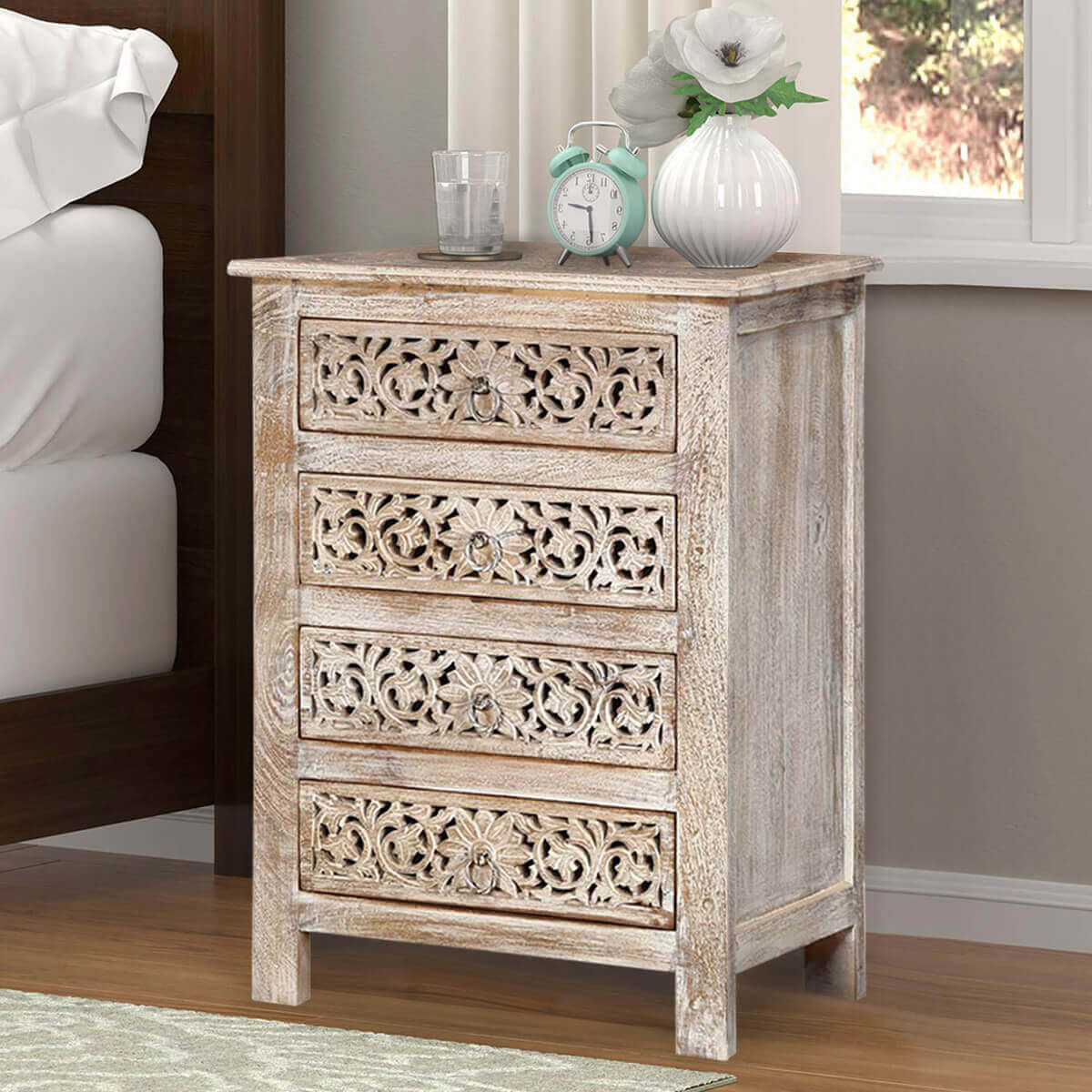 Winter Snow Garden Mango Wood 4-Drawer Nightstand
