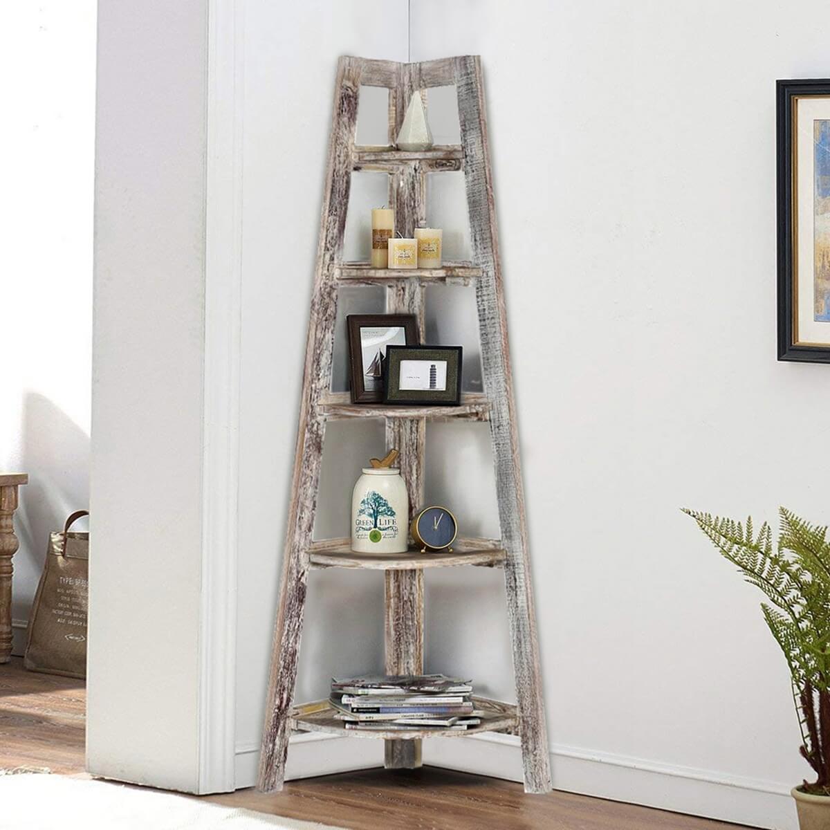 Riverton Reclaimed Wood 5-Tier Corner Ladder Home Bookshelf