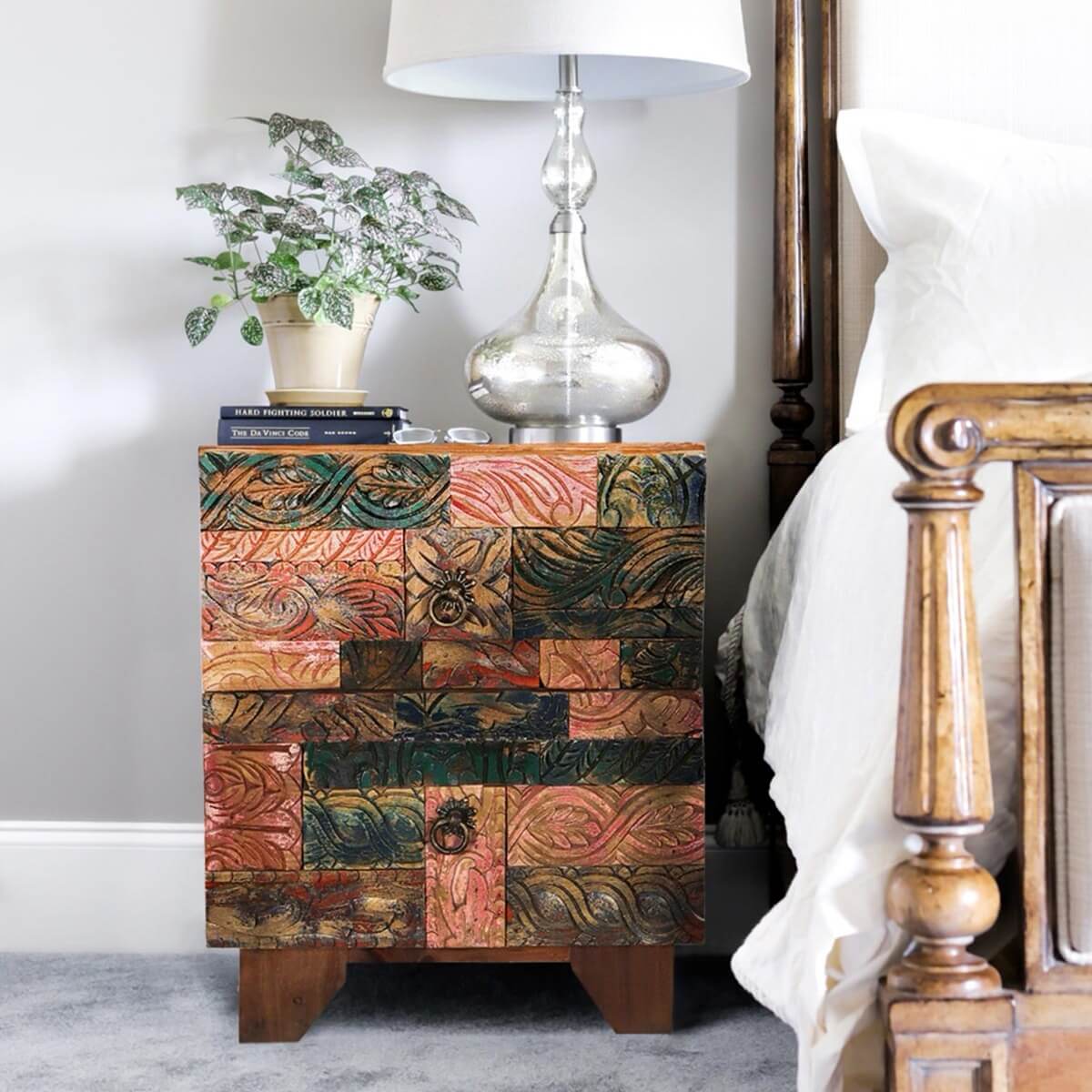 Rainbow Conch Carving Wooden Tile Reclaimed Wood 2 Drawer Nightstand