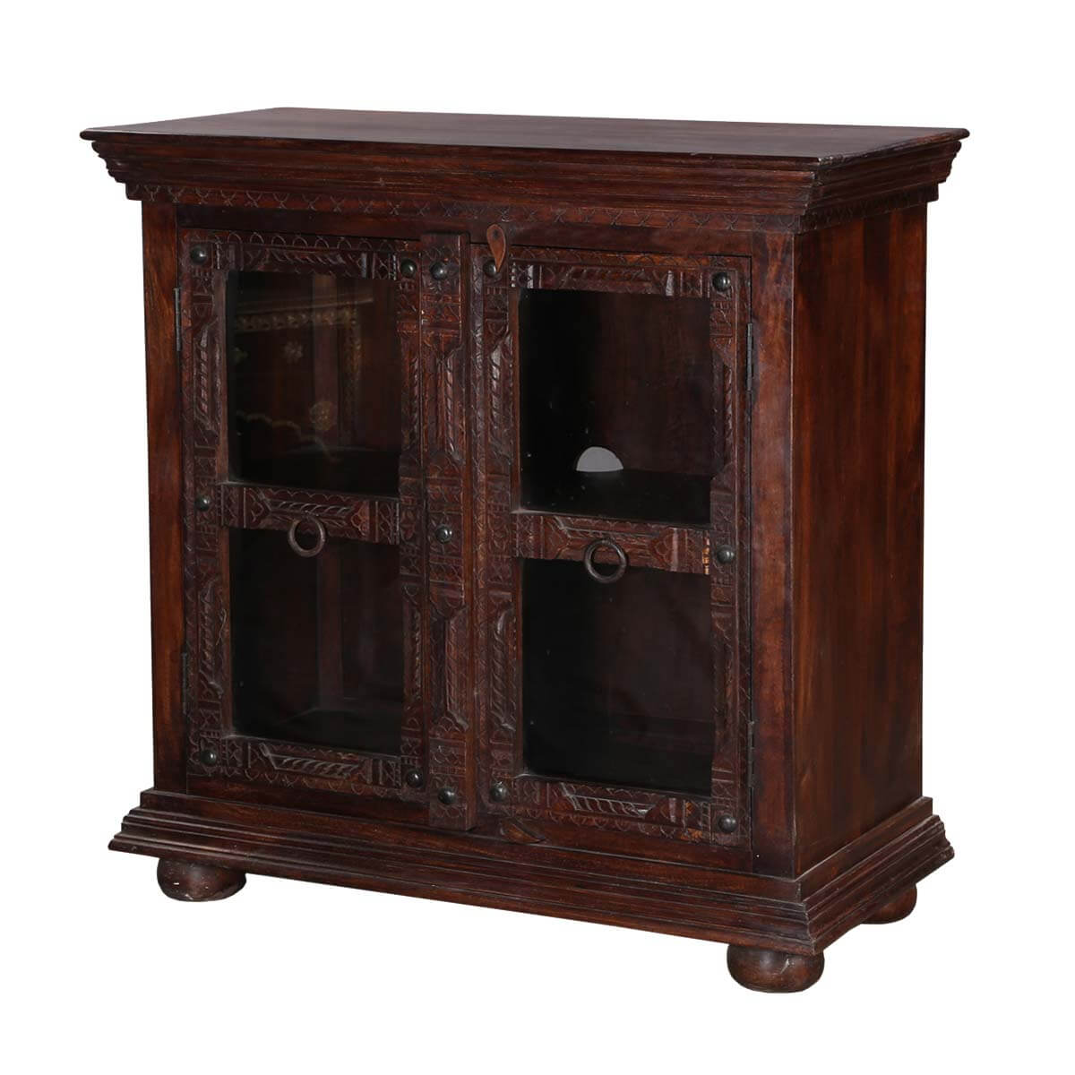 4-Square Windows Mango Wood Standing TV Console Display Cabinet