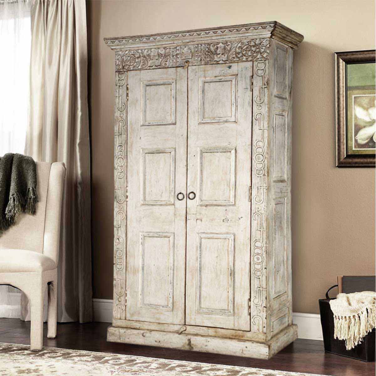 Dakota French Rustic Solid Wood Large Handcarved Armoire With Shelves