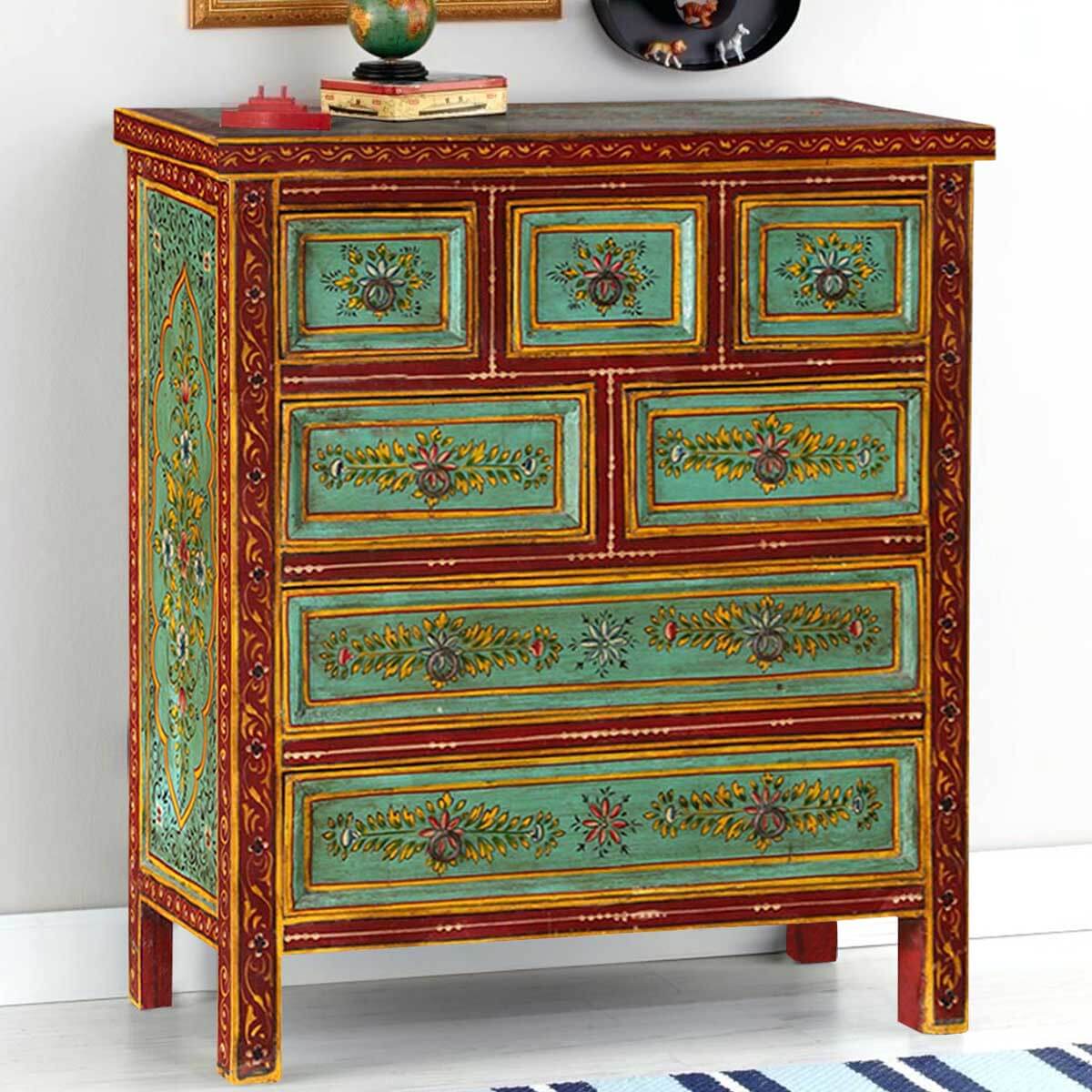 Green Garden Hand Painted Mango Wood Chest of 7 Drawers