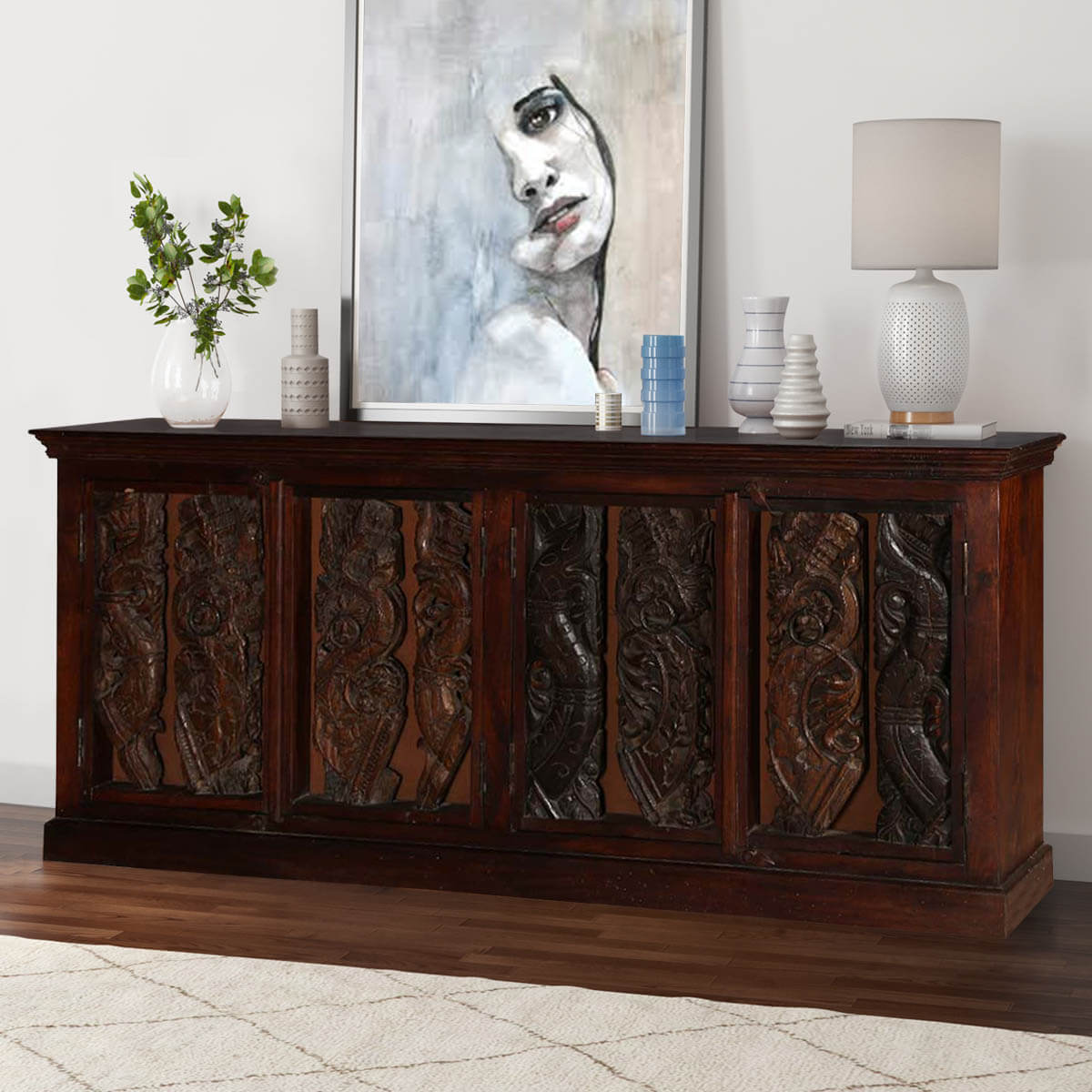 Dragon Vine Gothic Mango Reclaimed Wood Large Rustic Buffet Cabinet