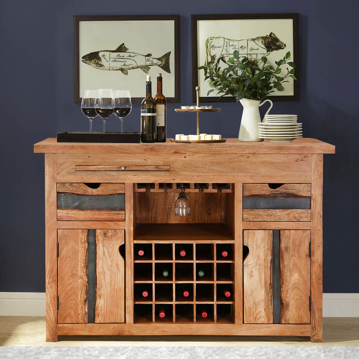 Modern Pioneer Acacia Wood Live Edge Home Bar Buffet Cabinet