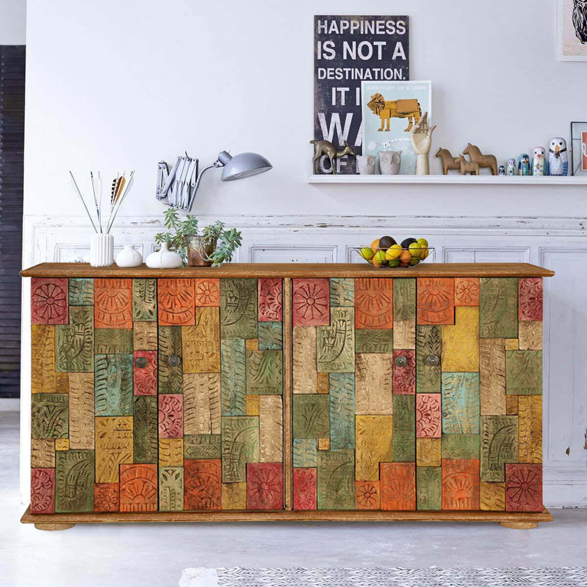 Georgia Colorful Carved Tiled Solid Wood Rustic Buffet Cabinet