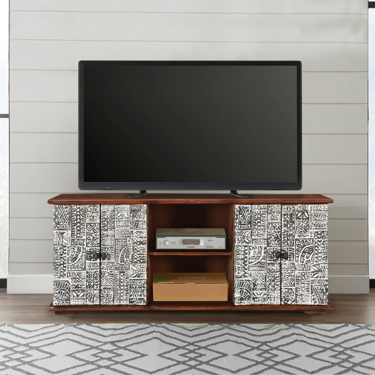 Riviera Rustic Mango Wood TV Stand with Cabinet Shelves